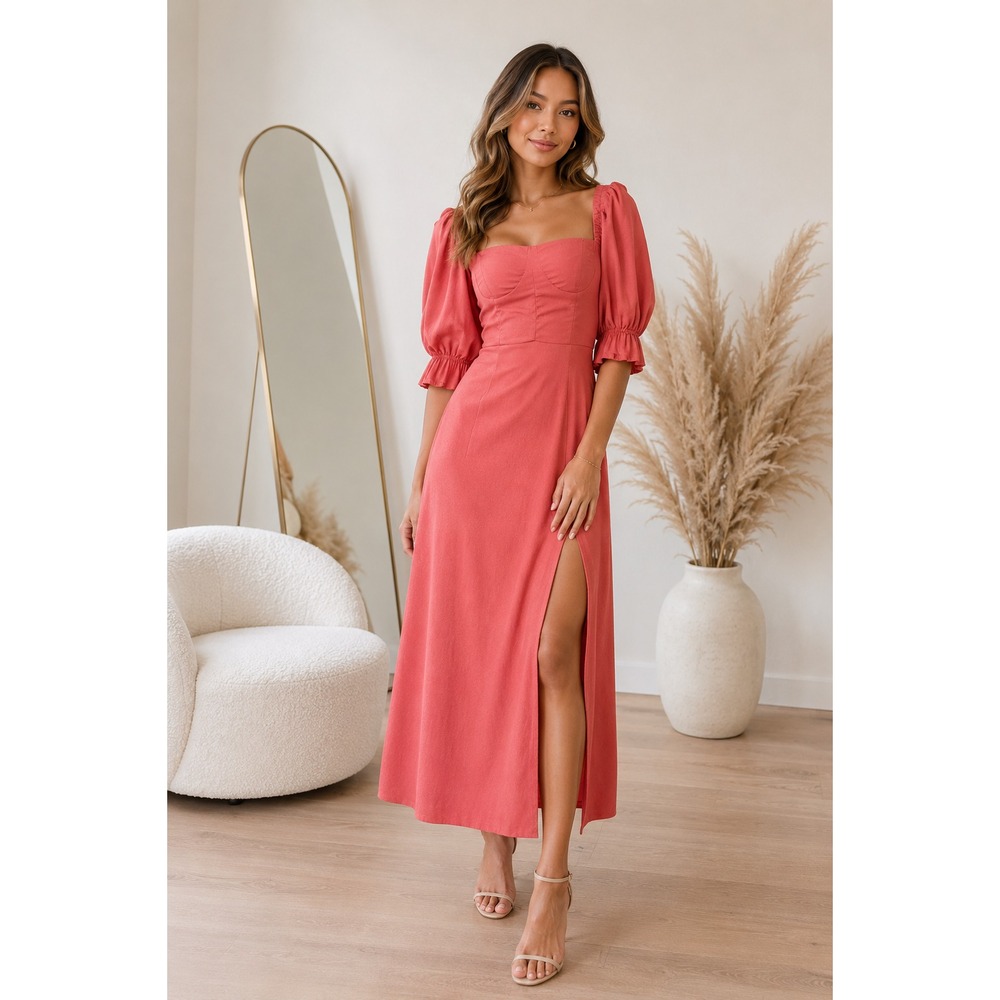 WeWoreWhat Womens 2 Midi Dress Orange Puff Sleeve Corset Square Neck Sundress